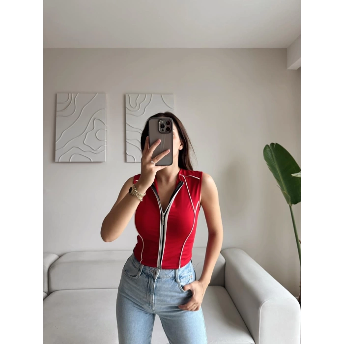Şerit Fermuar Crop - KIRMIZI