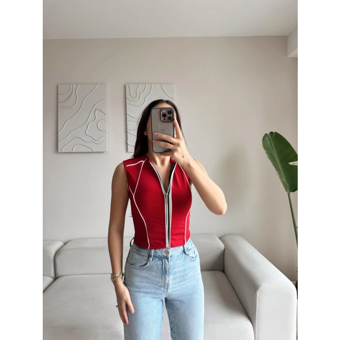 Şerit Fermuar Crop - KIRMIZI