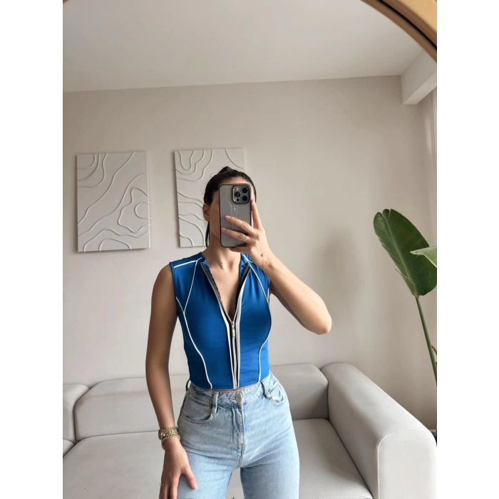 Şerit Fermuar Crop - SAKS MAVİSİ