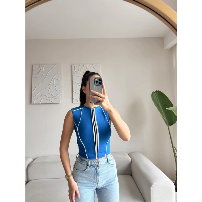 Şerit Fermuar Crop - SAKS MAVİSİ