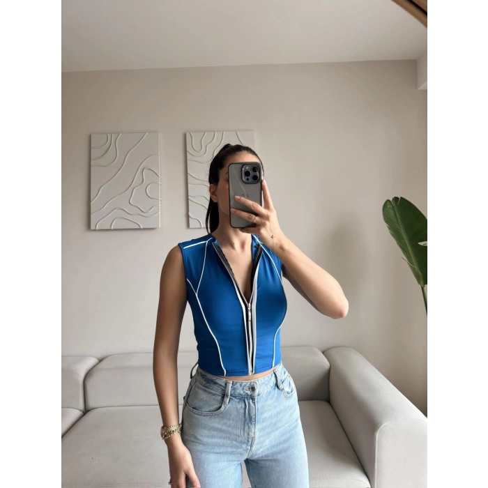 Şerit Fermuar Crop - SAKS MAVİSİ