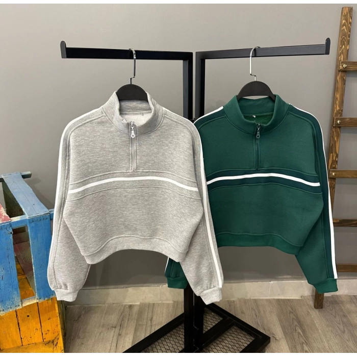 Şeritli Fermuar Detay Oversize Sweat-GRİ