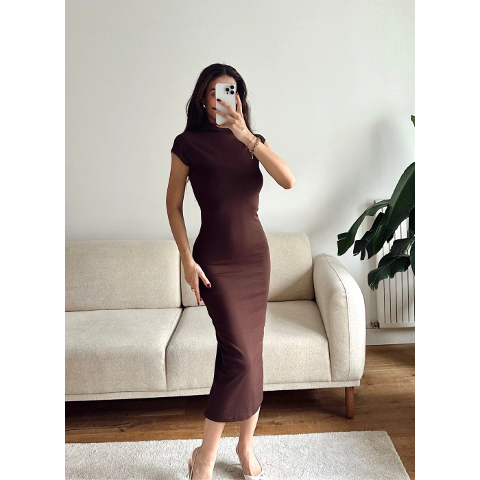 Sıfır Kol Balıkçı Elbise - KAHVE