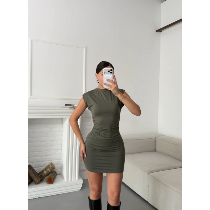 Sıfır Kol Büzgülü Elbise - HAKİ