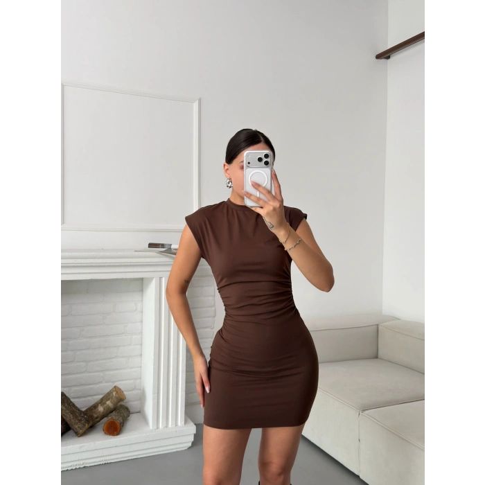 Sıfır Kol Büzgülü Elbise - KAHVE
