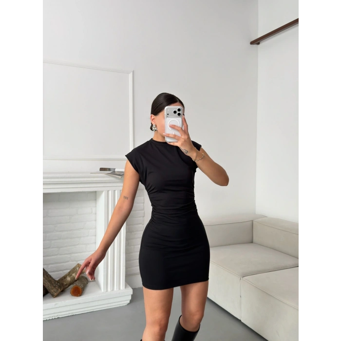 Sıfır Kol Büzgülü Elbise - SİYAH