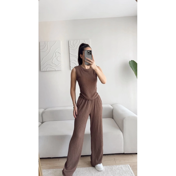 Sıfır Kol Yan Büzgülü İkili Takım - KAHVE