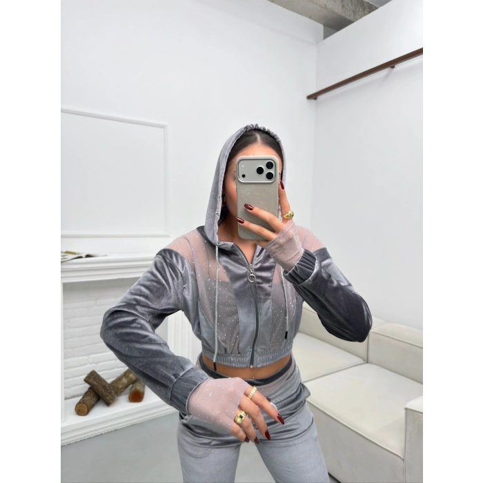 Şifon Detay Taşlı İkili Takım - GRİ