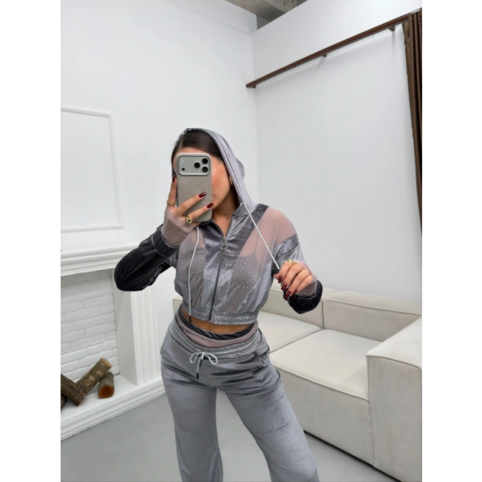 Şifon Detay Taşlı İkili Takım - GRİ