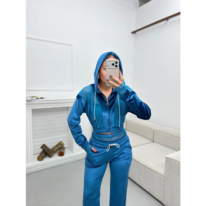 Şifon Detay Taşlı İkili Takım - MAVİ