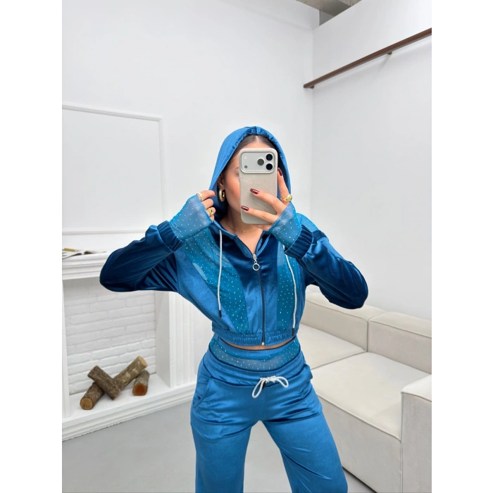 Şifon Detay Taşlı İkili Takım - MAVİ