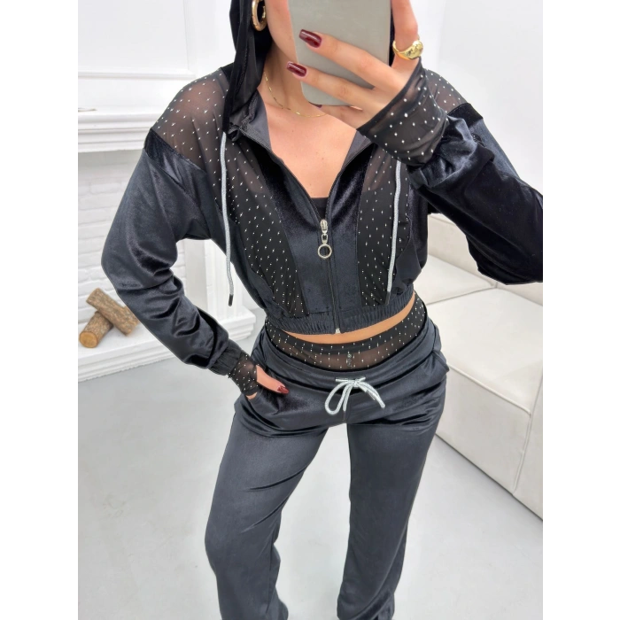 Şifon Detay Taşlı İkili Takım - SİYAH