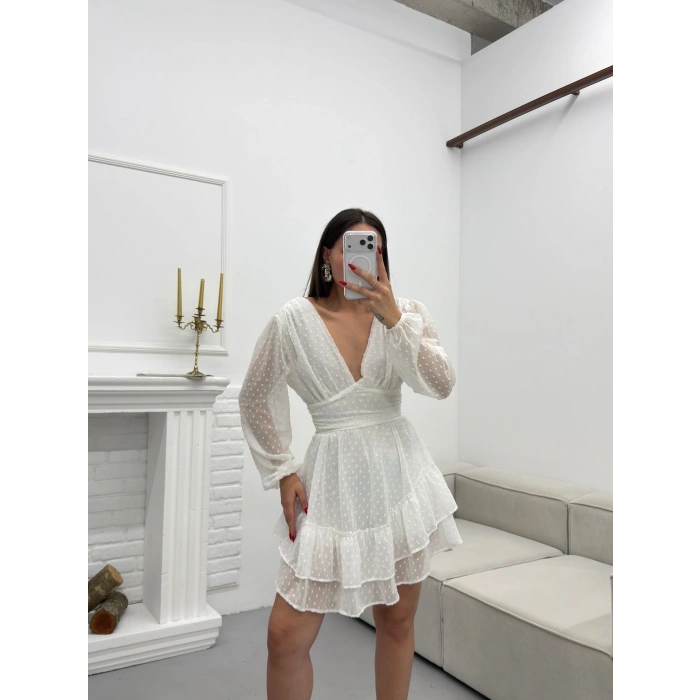 Şifon Kol V Dekolte Elbise - BEYAZ