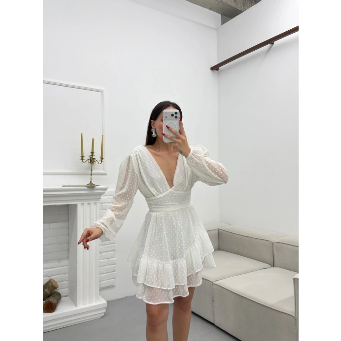 Şifon Kol V Dekolte Elbise - BEYAZ