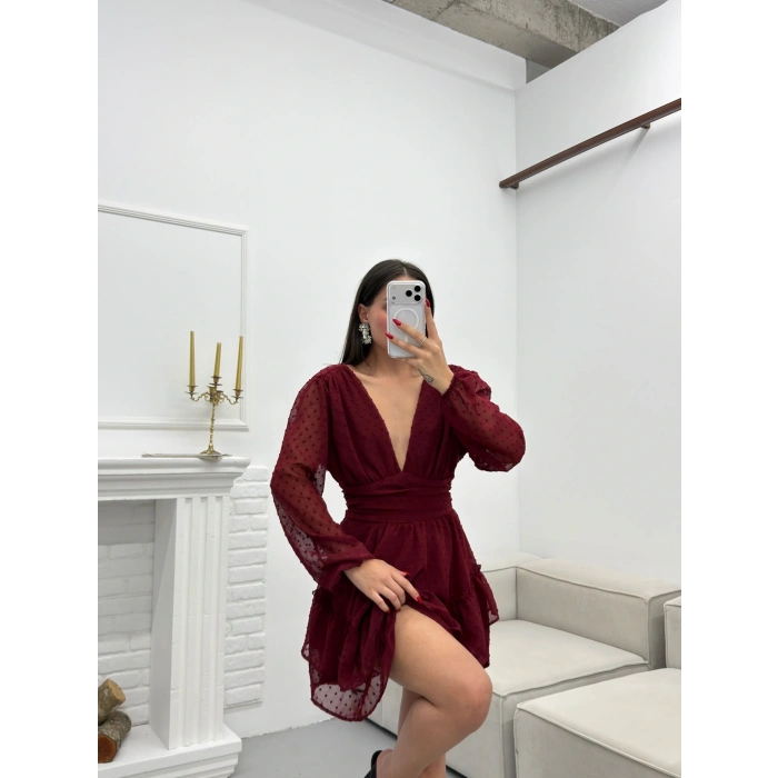 Şifon Kol V Dekolte Elbise - BORDO