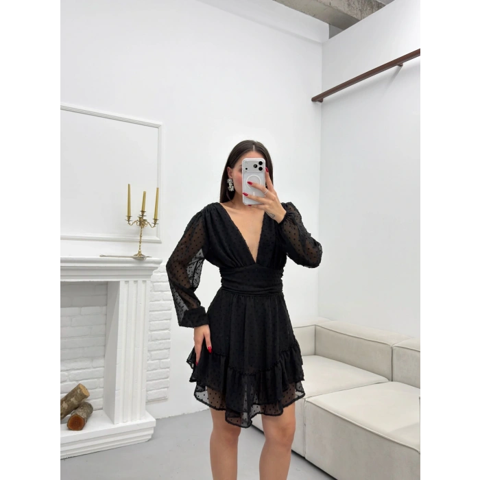 Şifon Kol V Dekolte Elbise - SİYAH