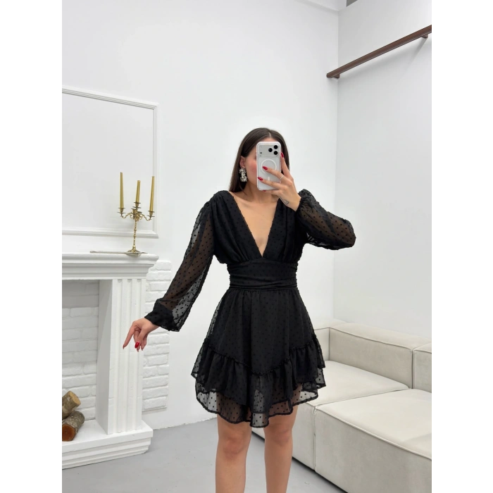 Şifon Kol V Dekolte Elbise - SİYAH