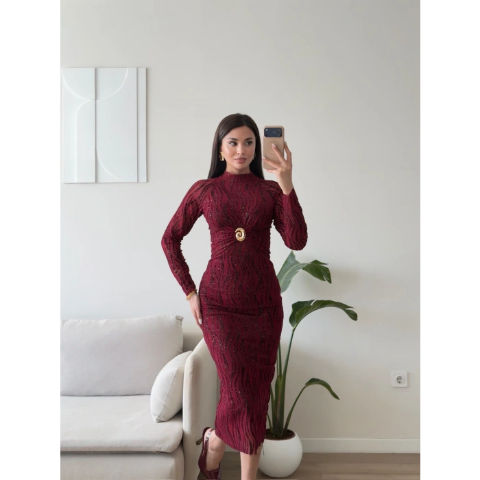 Simli Aksesuar Detay Long Elbise - BORDO
