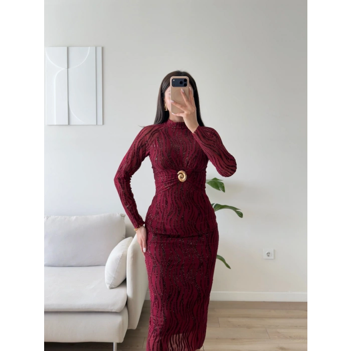 Simli Aksesuar Detay Long Elbise - BORDO