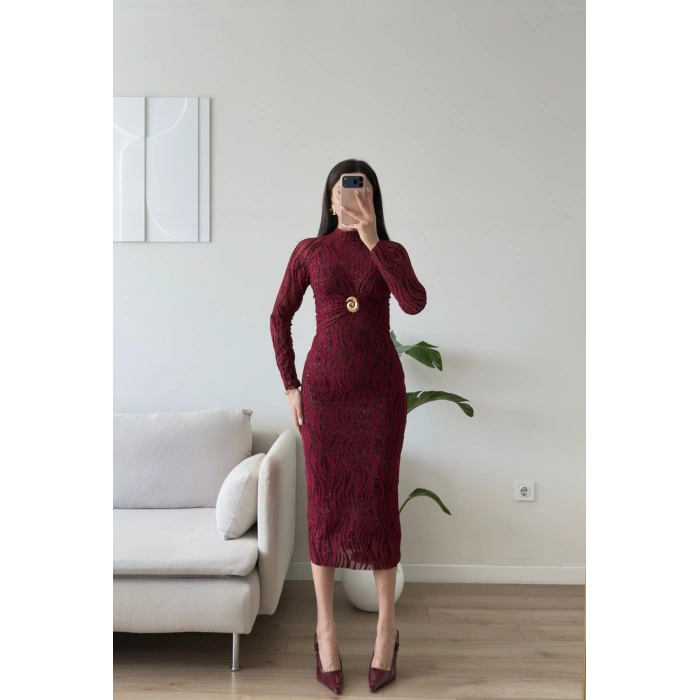 Simli Aksesuar Detay Long Elbise - BORDO
