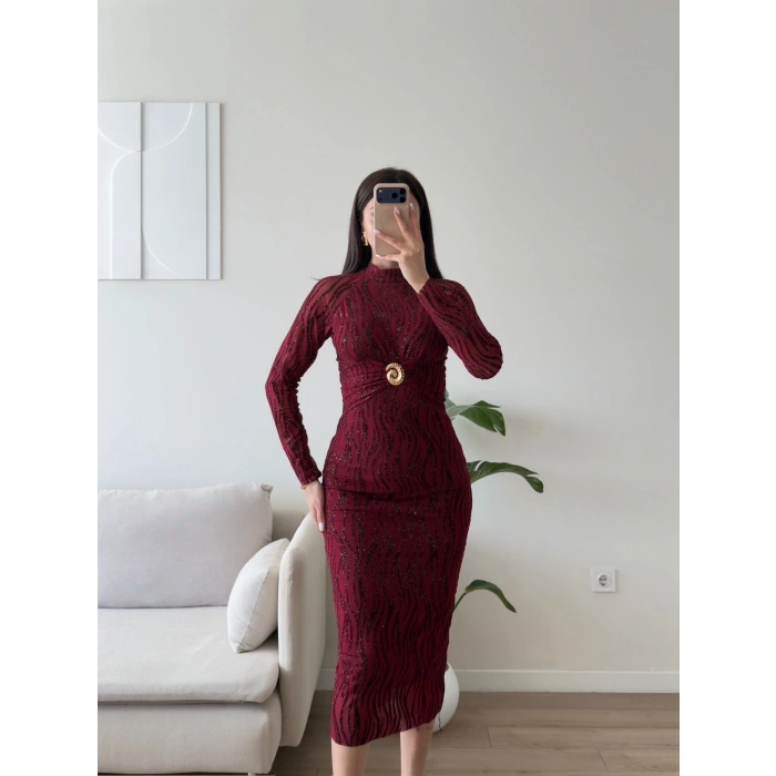 Simli Aksesuar Detay Long Elbise - BORDO