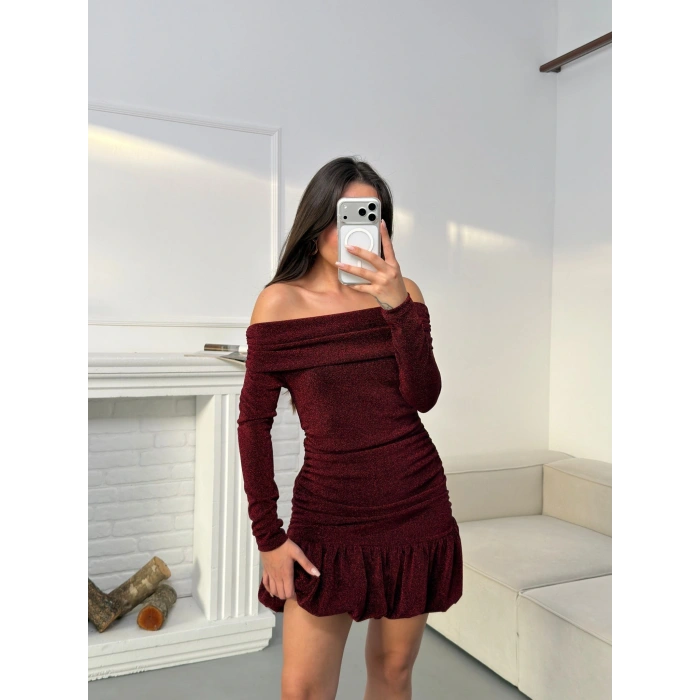 Simli Balon Etek Elbise - BORDO