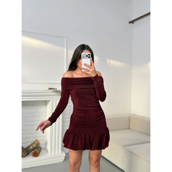 Simli Balon Etek Elbise - BORDO