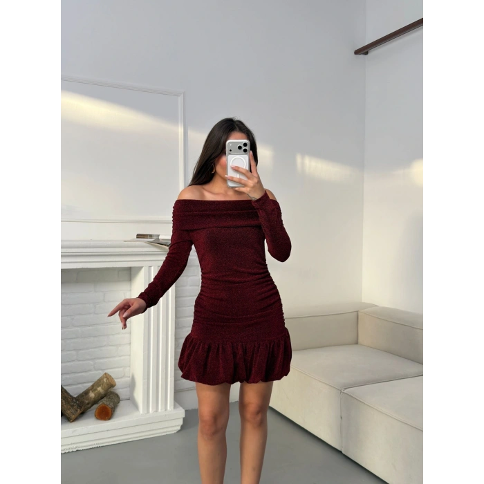 Simli Balon Etek Elbise - BORDO