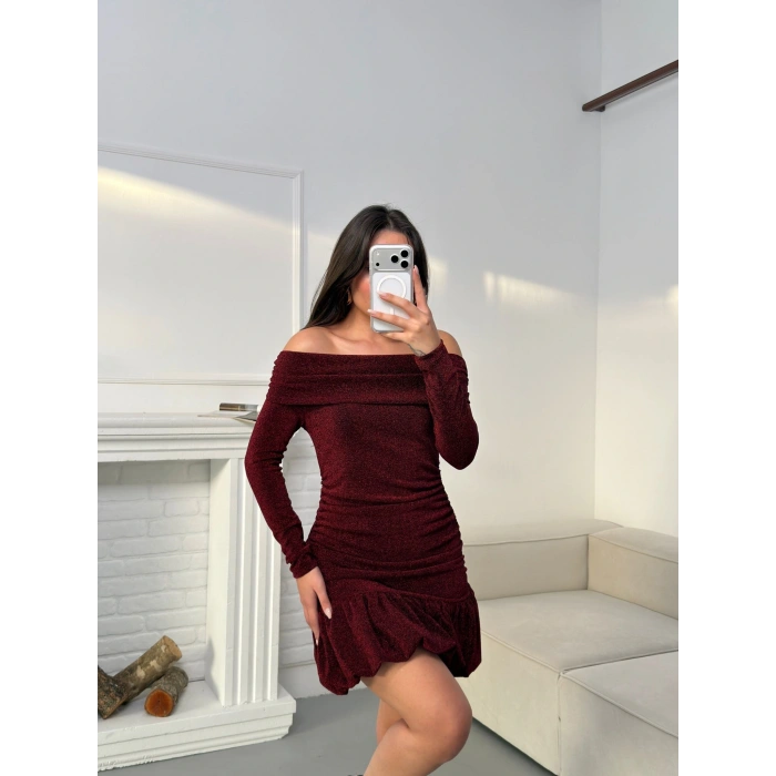 Simli Balon Etek Elbise - BORDO