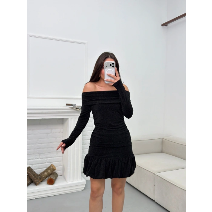 Simli Balon Etek Elbise - SİYAH