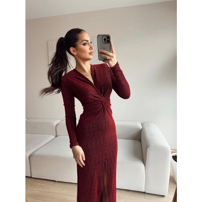 Simli Kruvaze Yaka Büzgü Elbise - BORDO