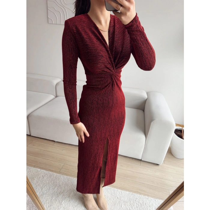 Simli Kruvaze Yaka Büzgü Elbise - BORDO