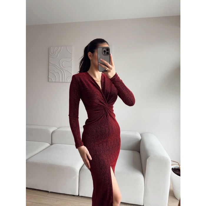 Simli Kruvaze Yaka Büzgü Elbise - BORDO