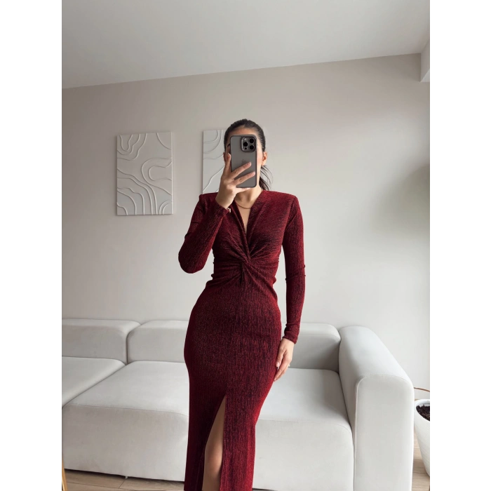 Simli Kruvaze Yaka Büzgü Elbise - BORDO