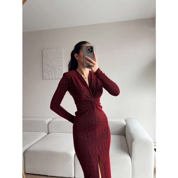 Simli Kruvaze Yaka Büzgü Elbise - BORDO