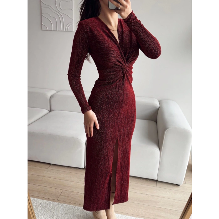 Simli Kruvaze Yaka Büzgü Elbise - BORDO