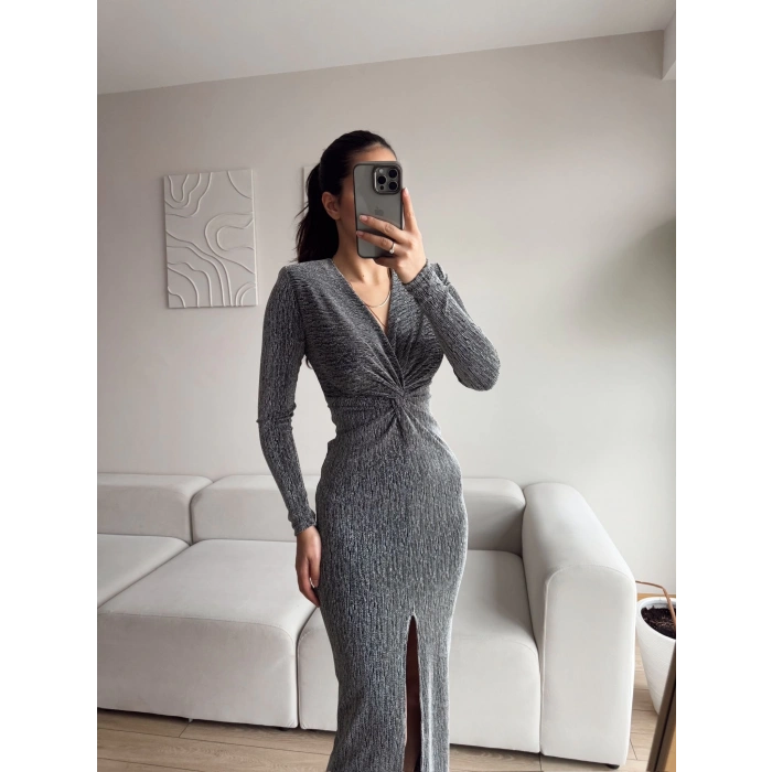 Simli Kruvaze Yaka Büzgü Elbise - GRİ