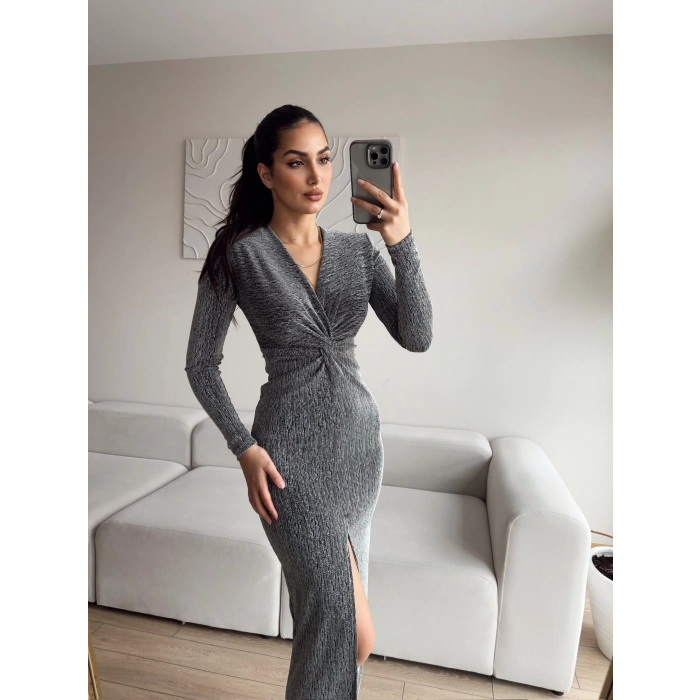 Simli Kruvaze Yaka Büzgü Elbise - GRİ