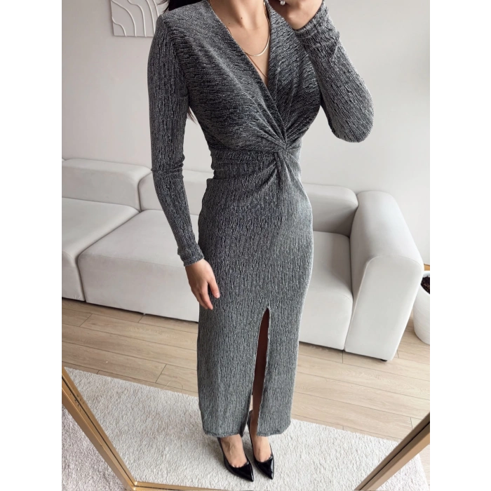 Simli Kruvaze Yaka Büzgü Elbise - GRİ