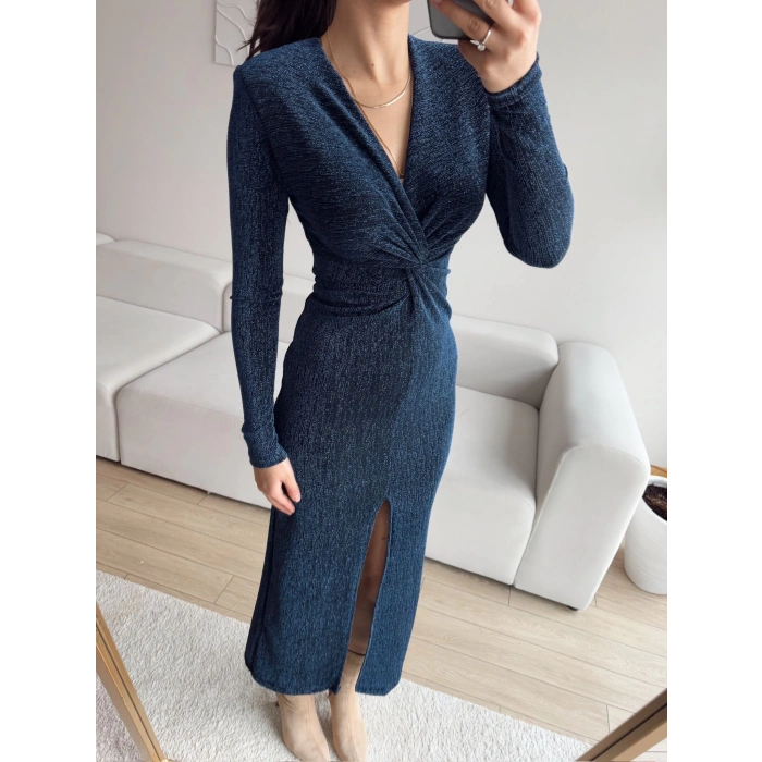 Simli Kruvaze Yaka Büzgü Elbise - SİYAH