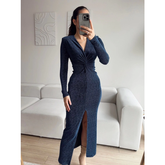 Simli Kruvaze Yaka Büzgü Elbise - SİYAH