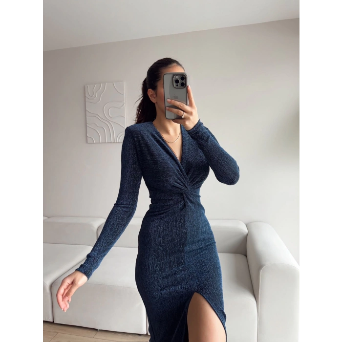 Simli Kruvaze Yaka Büzgü Elbise - SİYAH