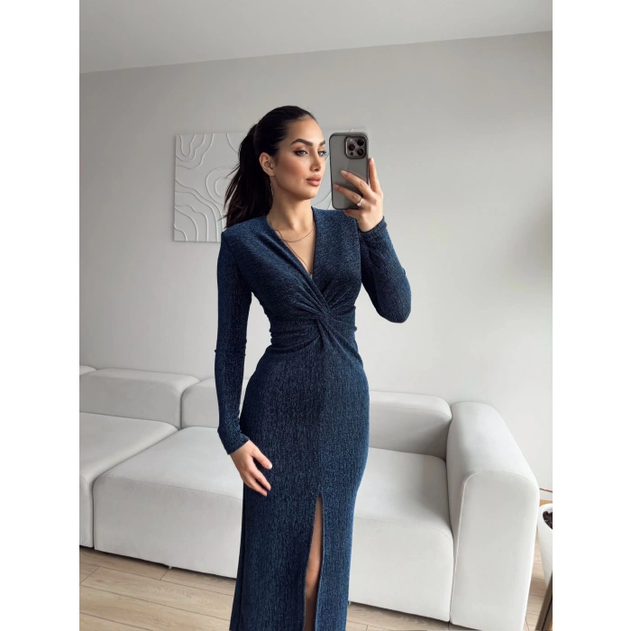 Simli Kruvaze Yaka Büzgü Elbise - SİYAH