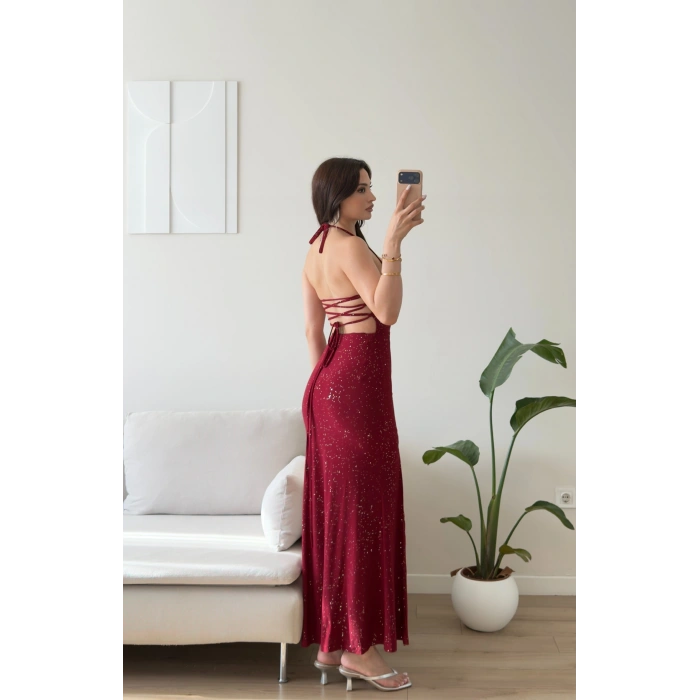 Simli Sırt Bağcık Yırtmaçlı Elbise - BORDO
