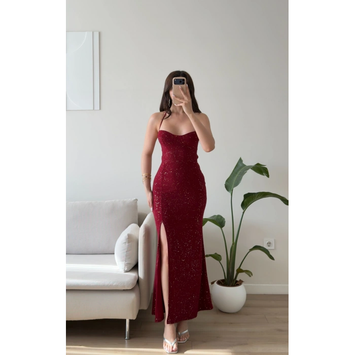 Simli Sırt Bağcık Yırtmaçlı Elbise - BORDO