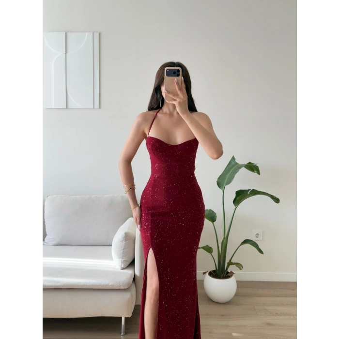 Simli Sırt Bağcık Yırtmaçlı Elbise - BORDO