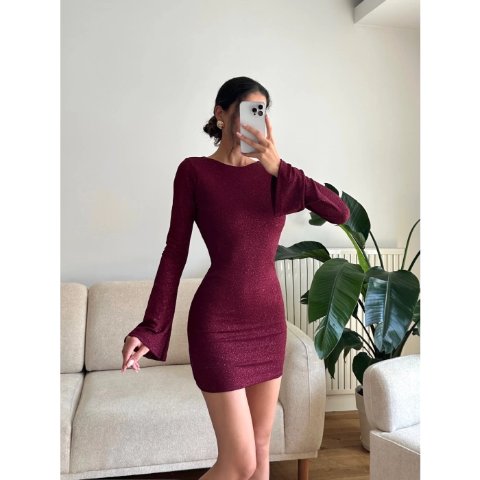 Simli Sırt Dekolte Elbise - BORDO