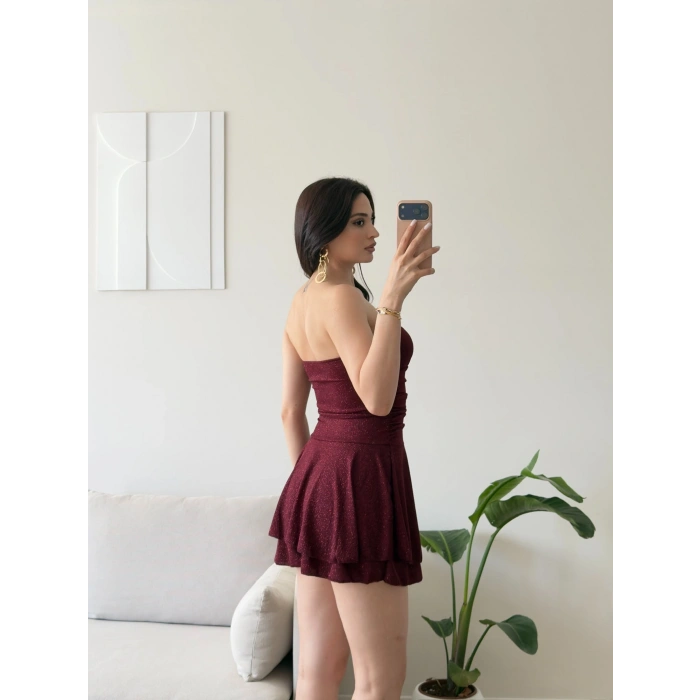 Simli Straplez Şortlu Elbise - BORDO