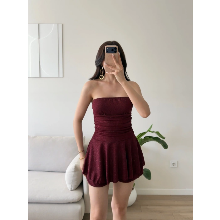 Simli Straplez Şortlu Elbise - BORDO
