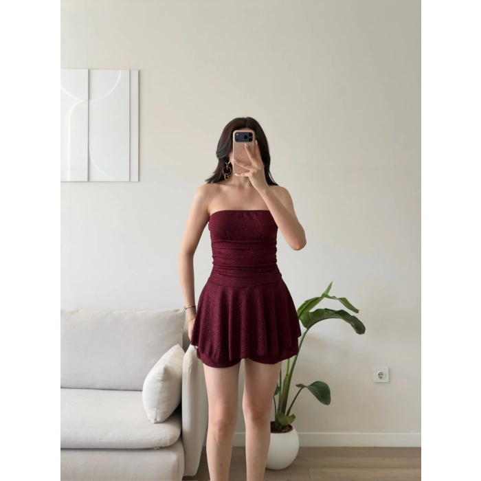 Simli Straplez Şortlu Elbise - BORDO